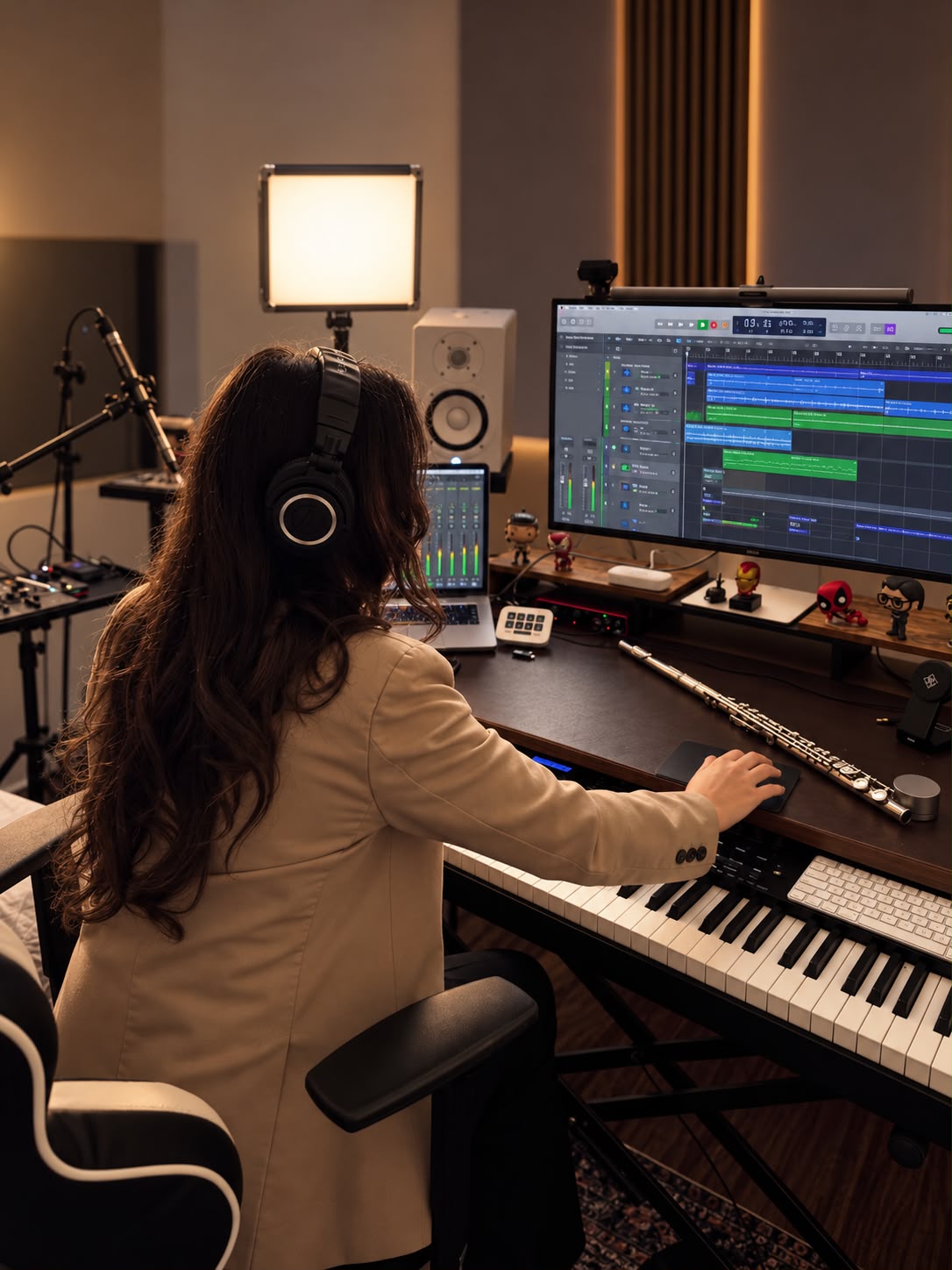 Legna Otero seen from behind, wearing headphones at a keyboard in a music studio